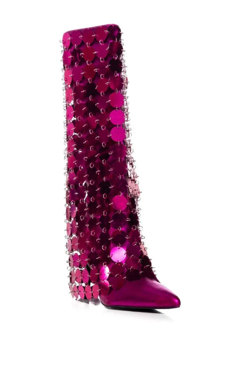 Pink studded knee-high boot on a white background