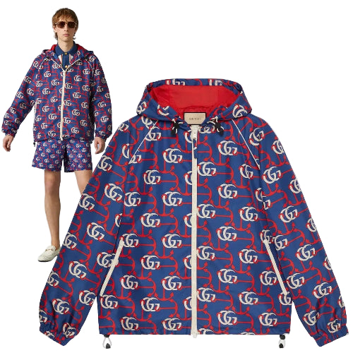 Blue jacket with red and white pattern on a plain background