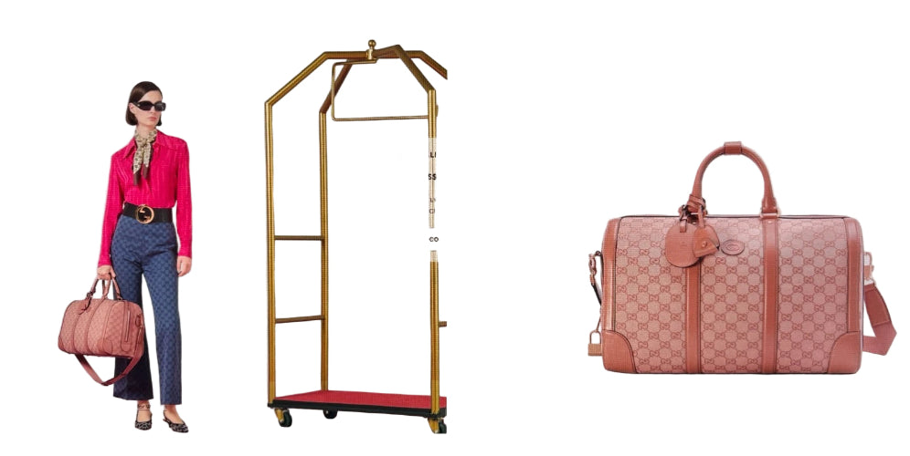 Gucci website page with a model holding a pink Gucci bag and a close-up of the bag on a white background.