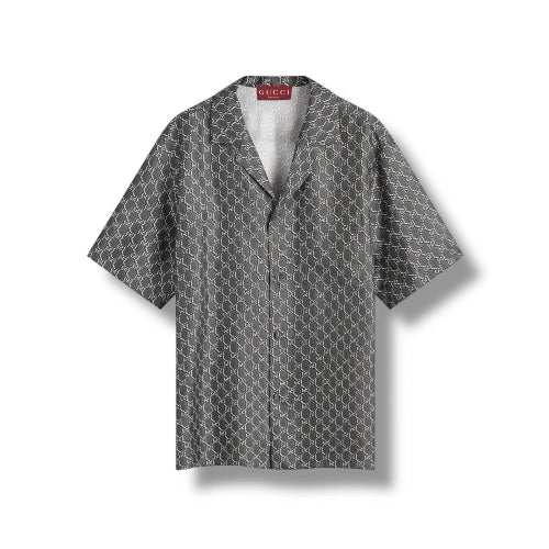 Short-sleeve shirt with geometric pattern on a white background