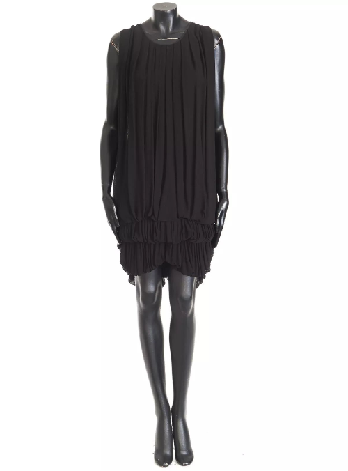 Black sleeveless dress on a mannequin against a white background