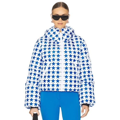 Person wearing a white jacket with blue star pattern and blue pants on a white background