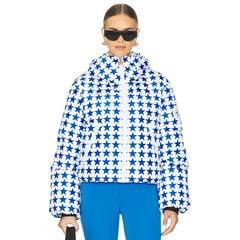 Person wearing a white jacket with blue star pattern and blue pants on a white background