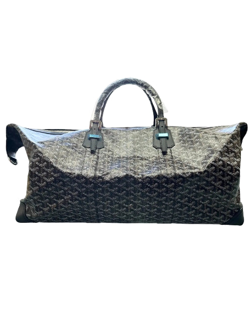 A black and gray snakeskin-patterned handbag with a textured body, dual top handles, and a zippered closure, shown against a plain white background.