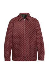 A long-sleeve button-up shirt with a textured geometric knit pattern in dark red and black, shown against a plain white background.