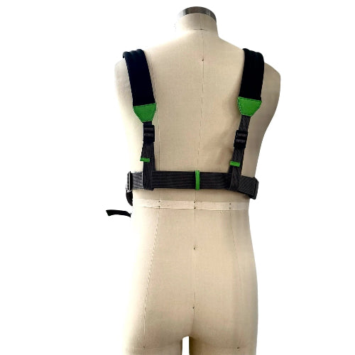 Safety harness on a mannequin with green accents against a white background