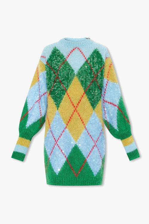Colorful argyle pattern sweater on a white background