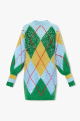 Colorful argyle pattern sweater on a white background