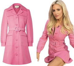 Pink coat with Gucci belt on a white background and a woman wearing a pink coat with Gucci belt in front of a cityscape.