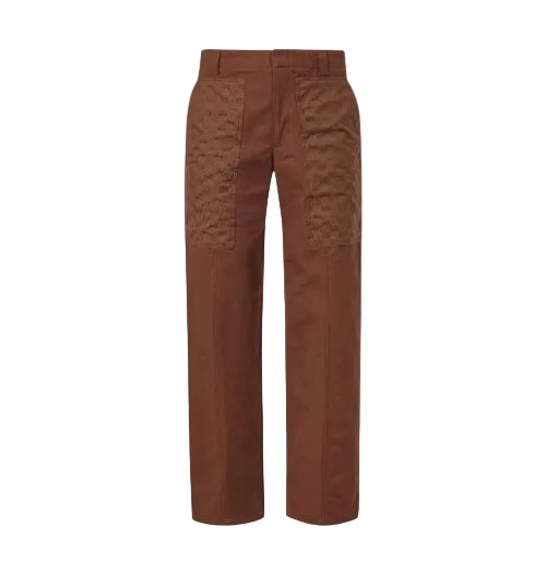 A pair of brown wide-leg trousers featuring a textured, patterned brown panel on the upper thighs, displayed against a clean white background.