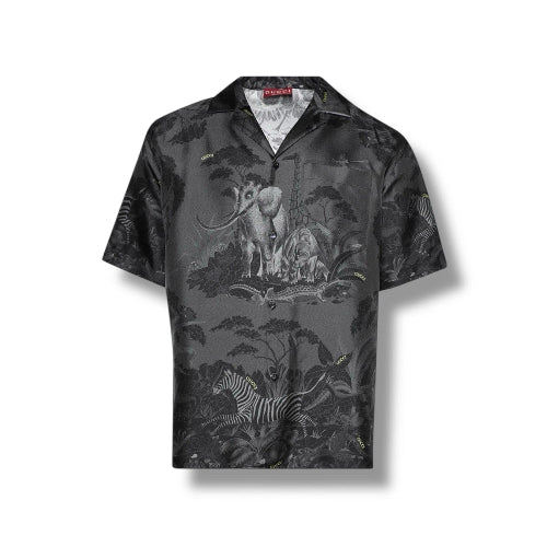 Black graphic t-shirt with white text and design on a white background