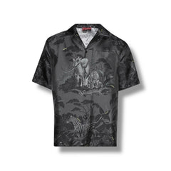 Black graphic t-shirt with white text and design on a white background