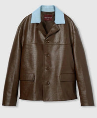 Brown leather jacket with light blue collar on a white background