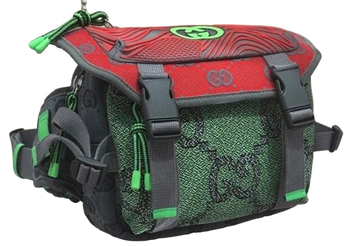Red and green bag with visible branding on a neutral background