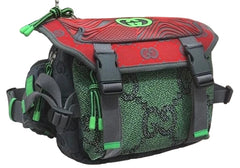 Red and green bag with visible branding on a neutral background