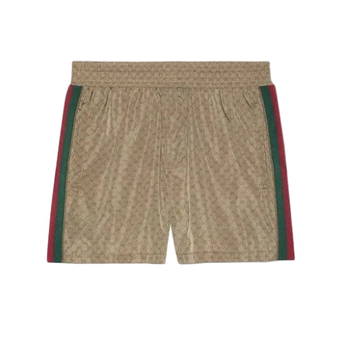Beige shorts with green and red stripes on a white background