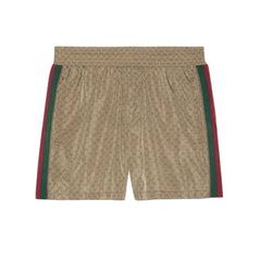 Beige shorts with green and red stripes on a white background