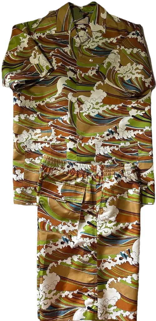 Colorful patterned kimono with floral design on a plain background