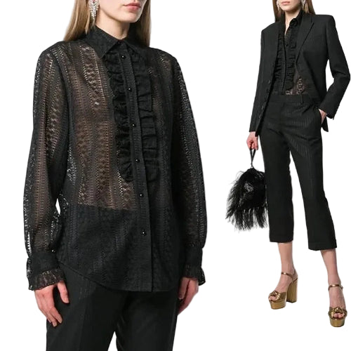 Black lace top worn by a model with a close-up of the garment.