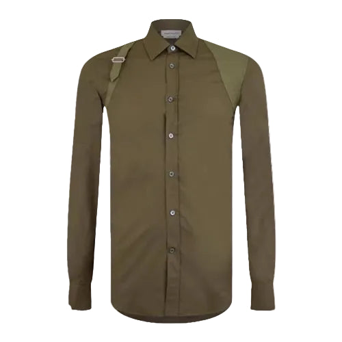 An olive green long-sleeve button-down shirt with contrasting olive green shoulder panels, displayed on a clean white background.