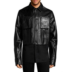 Black leather jacket worn by a person on a white background with 'Helmut Lang' branding.