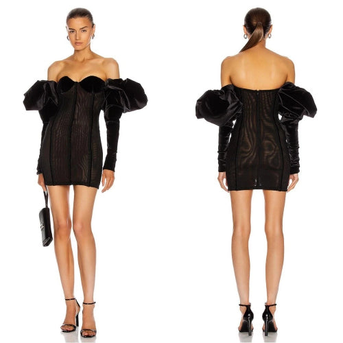 Black off-shoulder dress with ruffled sleeves shown from front and back on a white background