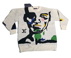 Sweater with a colorful face design and Louis Vuitton logo on a white background