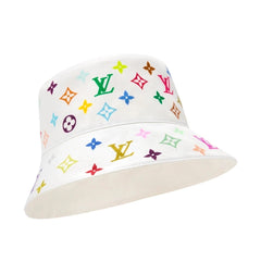 White bucket hat with colorful logo patterns on a white background