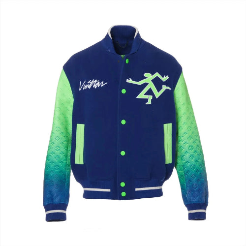 Blue and green varsity jacket with brand logo on a white background