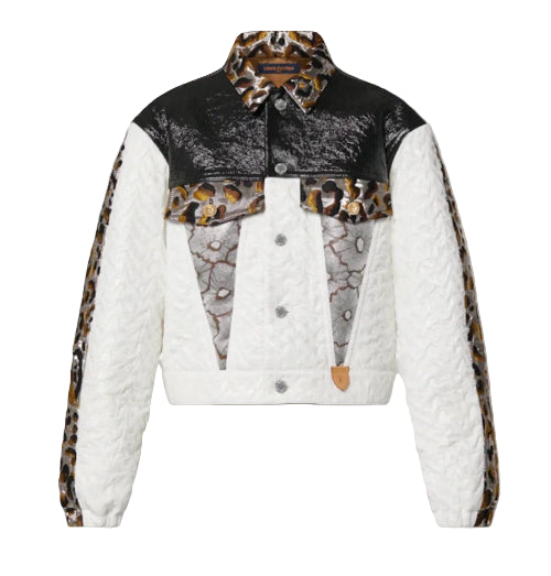Multicolored jacket with leopard print details on a white background