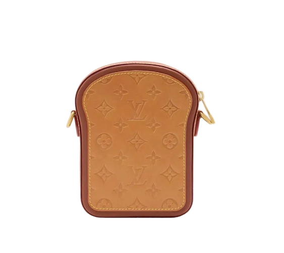 Brown leather pouch with monogram pattern on a white background