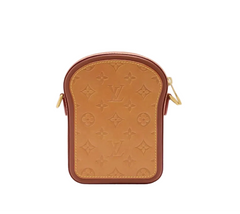 Brown leather pouch with monogram pattern on a white background