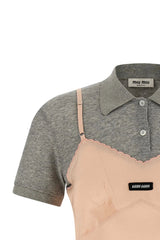 Gray polo shirt with beige overalls featuring Miu Miu labels on a white background