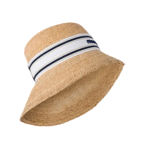 Woven hat with a striped band on a white background