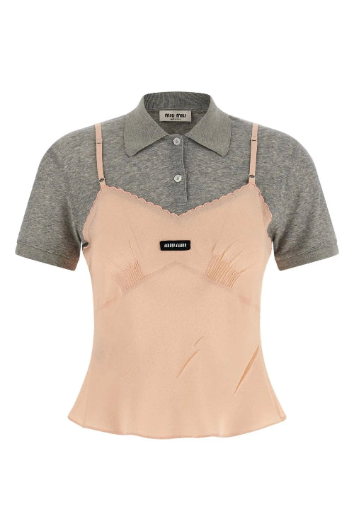 Two-tone shirt with gray and beige sections on a white background