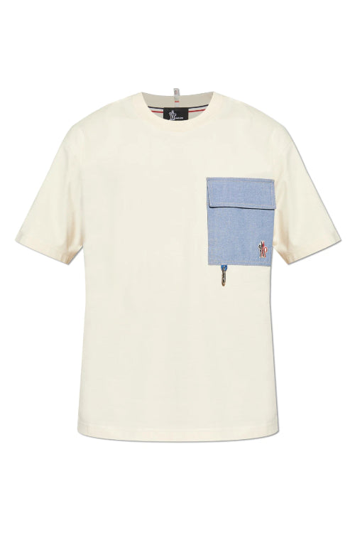 White t-shirt with a blue pocket and logo on a white background