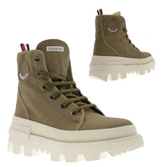 Green high-top boots with white soles on a white background