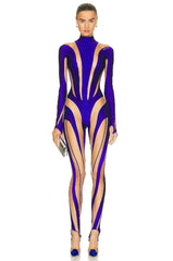 Model wearing a purple and beige zebra-striped bodysuit on a white background
