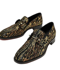 A pair of men's slip-on loafers featuring a textured, metallic gold and black tiger-stripe pattern, shown against a plain white background.