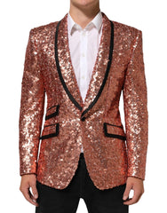Rose gold sequin blazer with black lapels on a white background