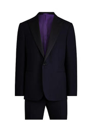 A dark navy blue suit jacket with black satin peak lapels and a vibrant purple satin inner lining, displayed on a clean white background.