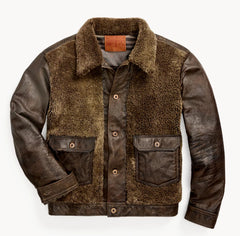 Brown leather jacket with shearling liner on a white background