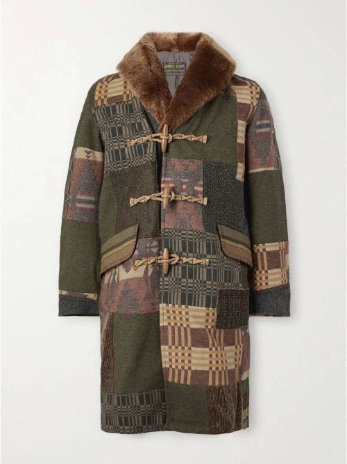 Patchwork coat with brown fur collar on a white background