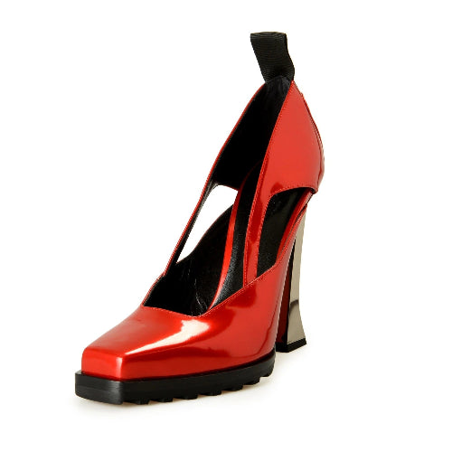 Red high-heeled shoe with black accents on a white background