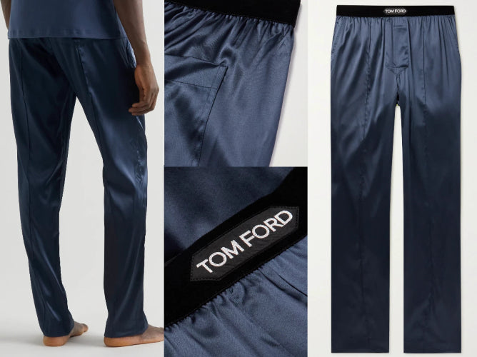 A three-panel product collage showing navy blue satin-like lounge pants. The left panel shows a model from the back wearing the pants, with bare feet visible.