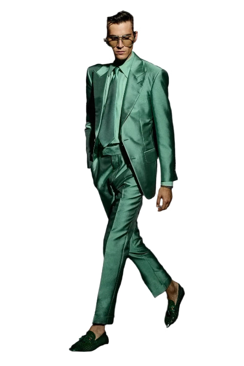 Man wearing a green suit and sunglasses on a black background