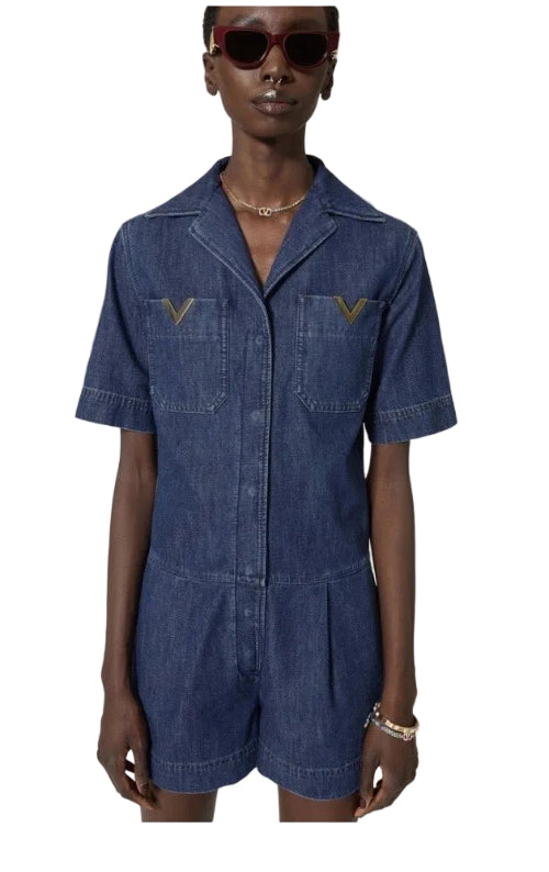 Valentino Chambray Denim Short Jumpsuit