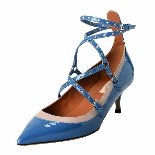 Blue high-heeled shoe with ankle strap on a white background