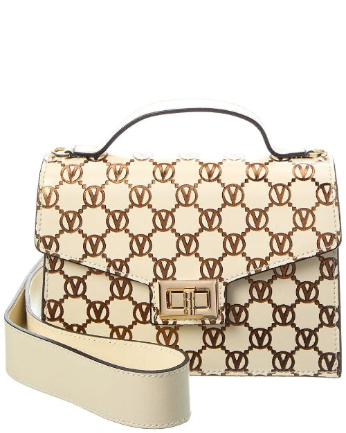 Beige handbag with brown geometric pattern on a white background