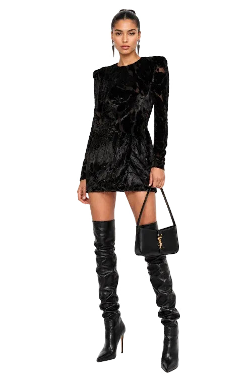 SAINT LAURENT YSL Black Draped Burnout Velvet Silk Mini Dress